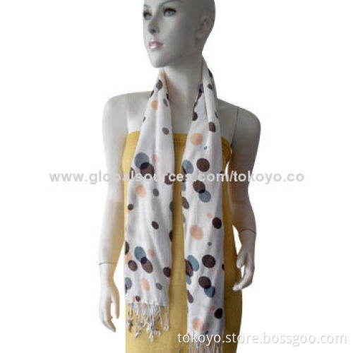 Woolen scarf with circle screen printing, made of wool, greige color, measures 180*70+8cm